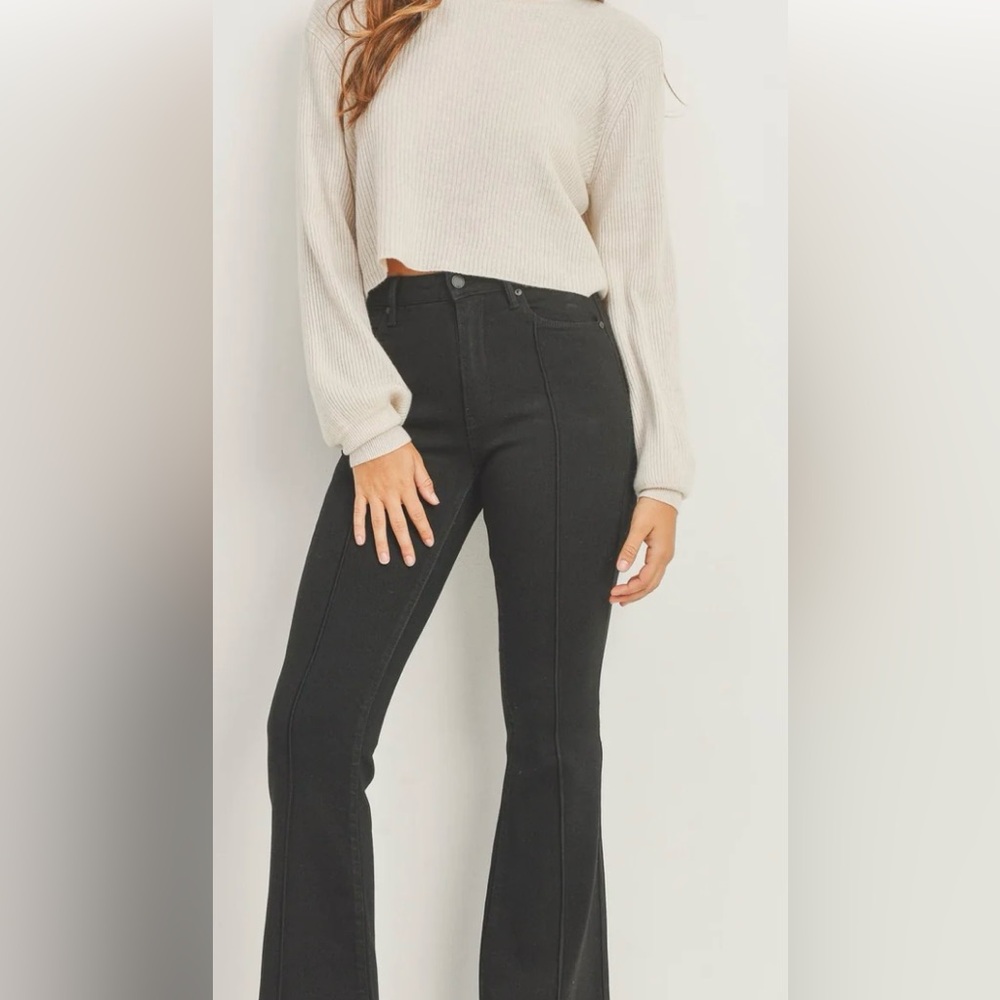 JBD Pintuck Classy Flare Black Jeans High Rise Boho Slim Thigh 11” opening sz 25